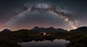 Eco-friendly stargazing cabin in Scotland under a clear Milky Way sky, regenerative travel
