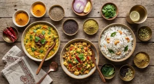Top view of Indian vegetarian dinner recipes with spices, rice, paneer, and lentils arranged on a wooden table.