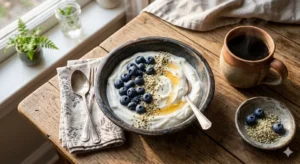 A 10-minute egg-free Greek yogurt parfait with blueberries and hemp seeds for a healthy breakfast.