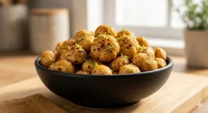 A bowl of crispy spiced air-fryer makhana coated in peri-peri seasoning for a healthy high-protein snack.