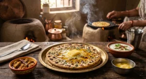Thick butter-topped Aloo Paratha with spicy mango pickle and fresh yogurt on a traditional plate.