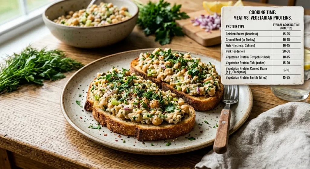 Add a comparison table showing "Cooking Time: Meat vs. Vegetarian Proteins.