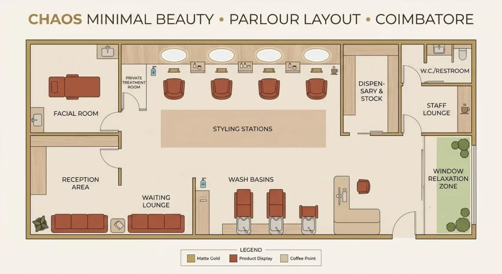 beauty parlour floor plan with reception styling and treatment zones