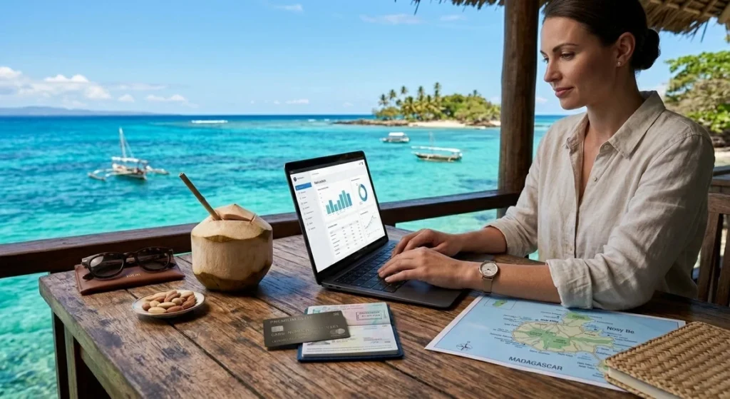 Digital nomad working remotely from a tropical beach location