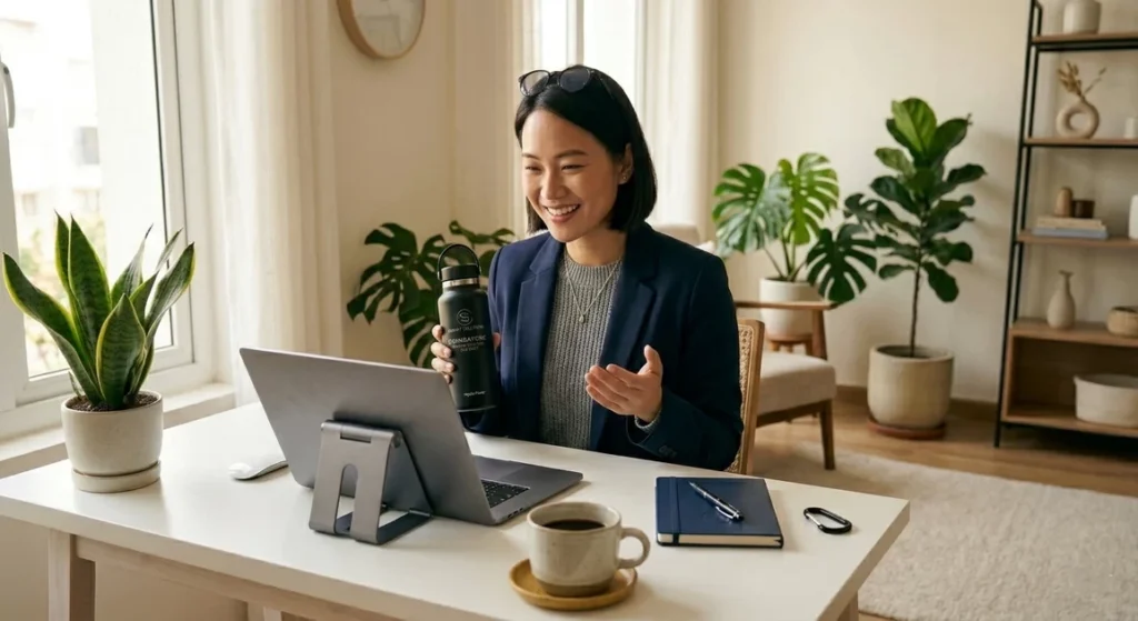 Remote female professional leading a virtual team meeting on a tablet