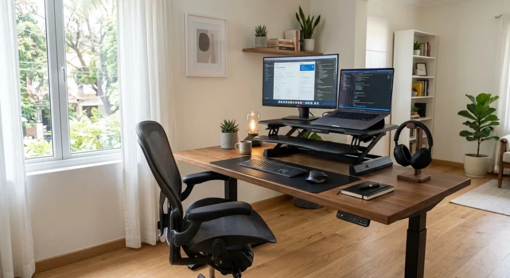Professional home office setup featuring an ergonomic chair, a standing desk converter, and lush green indoor plants near a large window.