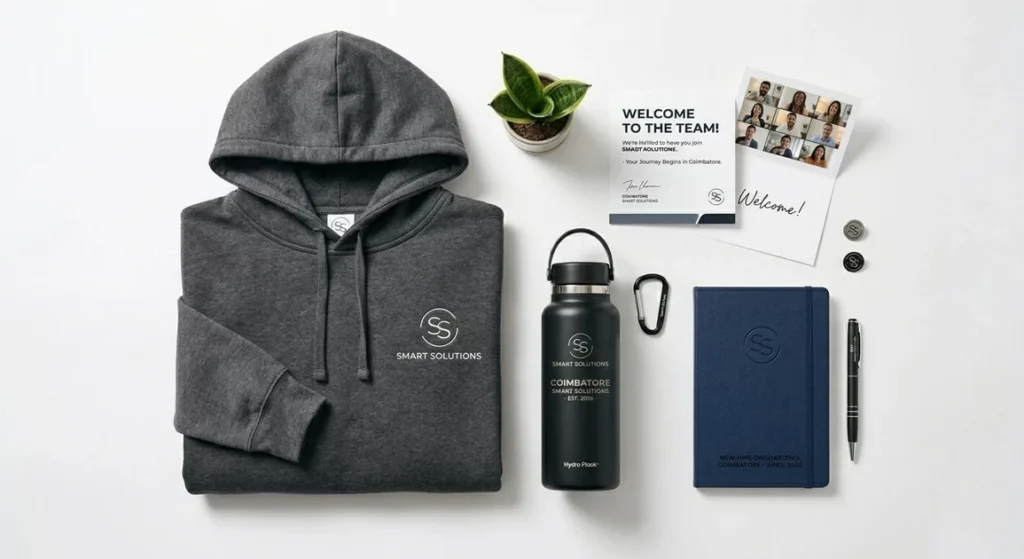 New hire welcome kit with hoodie, notebook, water bottle, and welcome card
