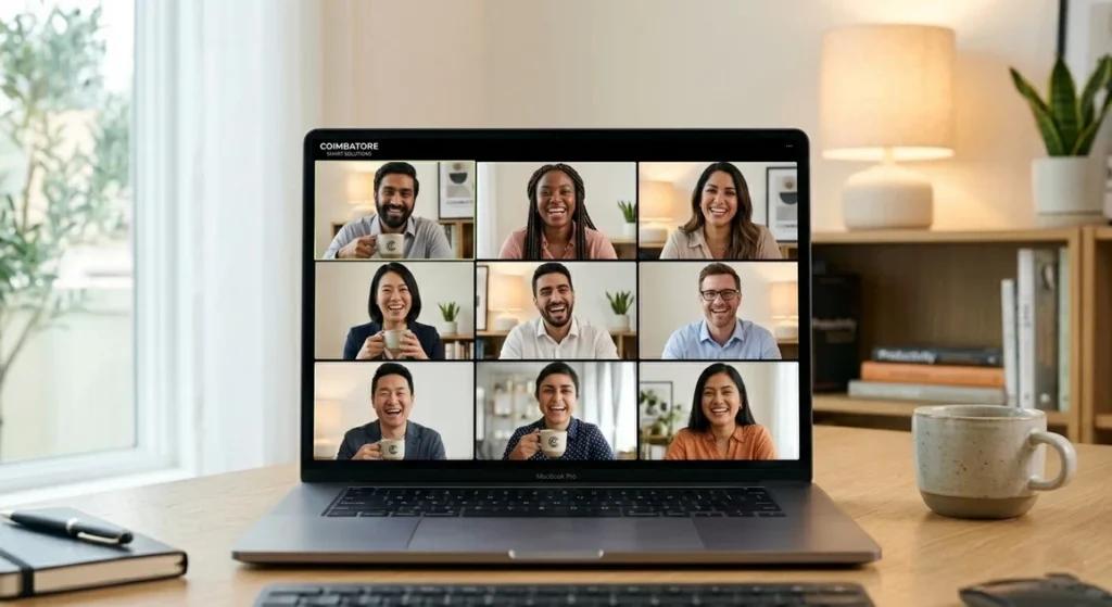 Diverse remote team engaging in a virtual coffee chat on a laptop screen