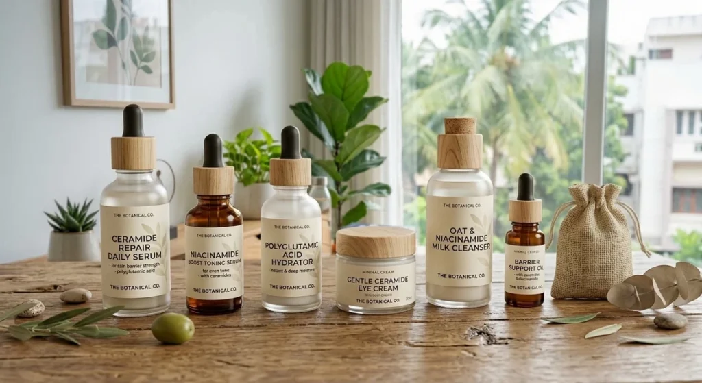 Minimalist organic skincare packaging for a specialized micro-brand focused on skin barrier repair and Polyglutamic Acid.