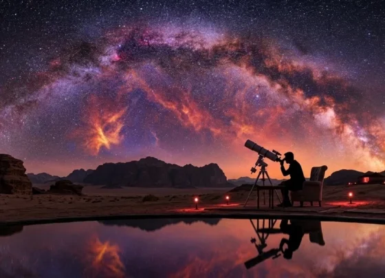Traveler looking through a telescope in Jordan desert, luxury regenerative travel experience.