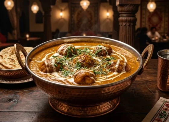 Authentic Indian Malai Kofta with creamy tomato cashew gravy and soft paneer koftas served in a traditional bowl.