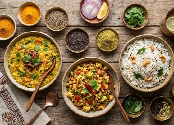 Top view of Indian vegetarian dinner recipes with spices, rice, paneer, and lentils arranged on a wooden table.