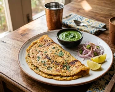 Golden brown Moong Dal Chilla served with green mint chutney on a white ceramic plate.