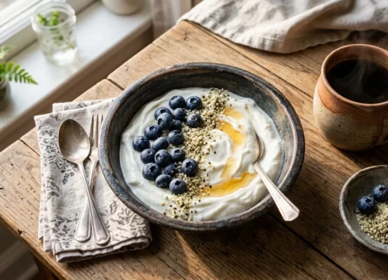 A 10-minute egg-free Greek yogurt parfait with blueberries and hemp seeds for a healthy breakfast.