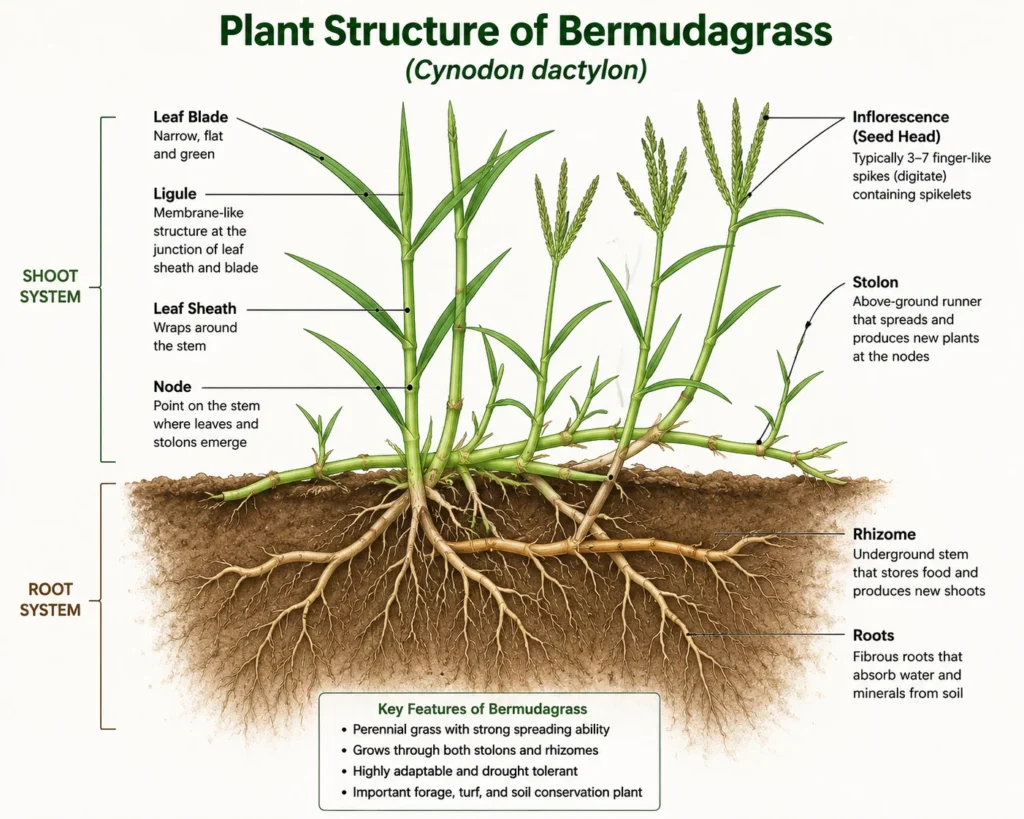 Arugampul plant structure showing leaves, stems, stolons, rhizomes, and fibrous roots