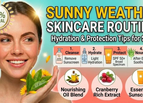 skincare routine for sunny weather using sunscreen and hydrating products to protect skin from sun damage