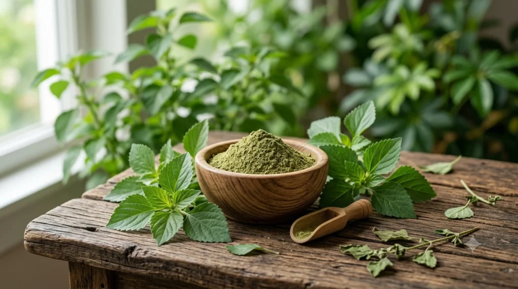 Kuppaimeni (Acalypha indica) powder in a wooden bowl surrounded by fresh green Kuppaimeni leaves